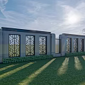 Building Exterior Wall With Stone Structure Geometric Metal Grilles Green Lawn And Sunlight