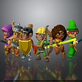 Group Of Colorful Cartoon Warrior Characters Holding Swords Bows And Staffs