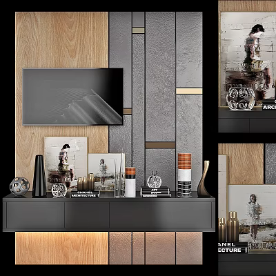 Modern TV Background Wall Design With Wooden Panel Stone Texture And Decorative Ornaments 3d model