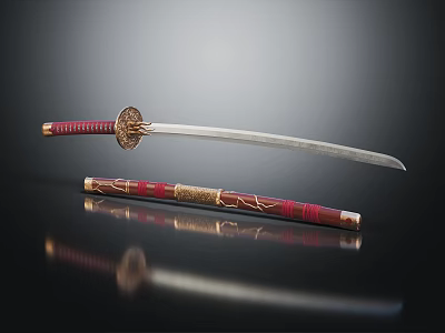 Traditional Samurai Sword With Shiny Silver Blade Red And Gold Decorated Scabbard On Black Surface 3d model
