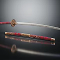 Traditional Samurai Sword With Shiny Silver Blade Red And Gold Decorated Scabbard On Black Surface