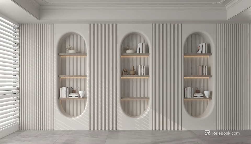 Modern Oval Shaped Shelving Units On Vertical Striped Wall With Books And Decorative Items 3d model 