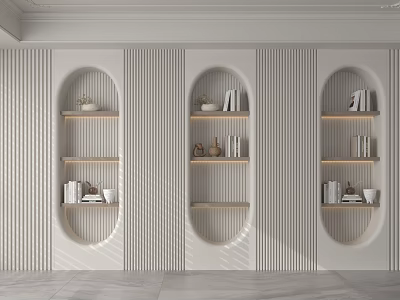 Modern Oval Shaped Shelving Units On Vertical Striped Wall With Books And Decorative Items 3d model