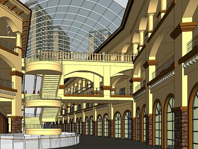 Elegant Multi Level Commercial Street Interior With Arched Architecture And Glass Dome 3d model