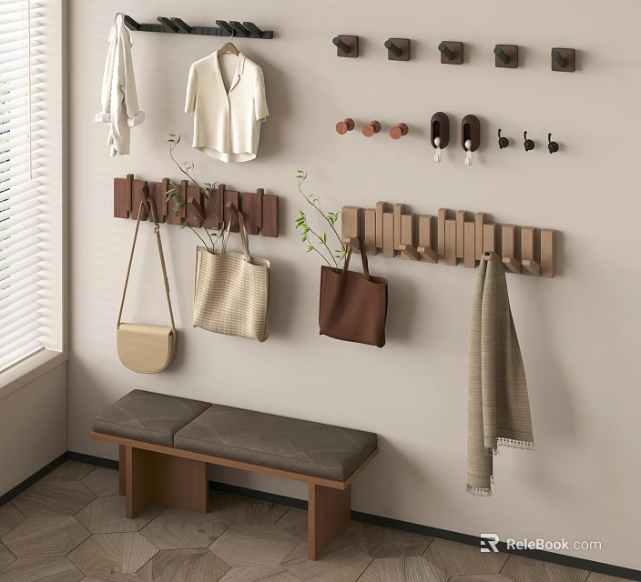 Wooden Coat Rack In Entryway With Bags Clothes And Scarf 3d model 