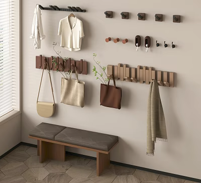 Wooden Coat Rack In Entryway With Bags Clothes And Scarf 3d model