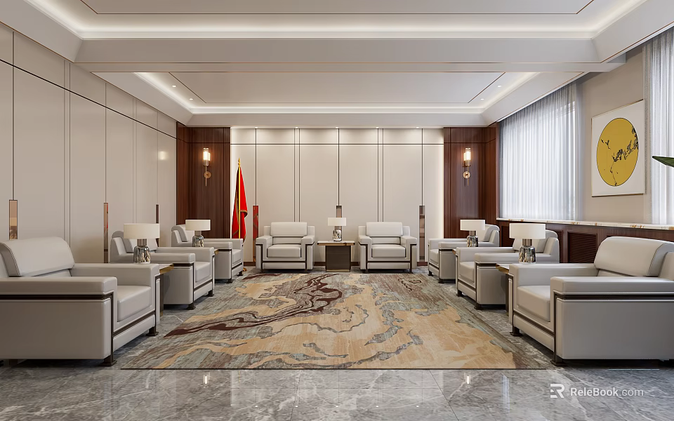 Elegant Formal Reception Room With Light Colored Sofas Patterned Carpet Flags And Decorative Lamps 3d model 