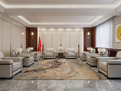 Elegant Formal Reception Room With Light Colored Sofas Patterned Carpet Flags And Decorative Lamps 3d model