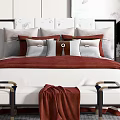 Modern Bedroom Interior Design With Red And White Bedding Abstract Artwork Nightstands And Pendant Lighting