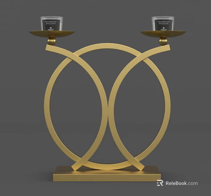 Elegant Golden Metal Decorative Ornament Set With Intersecting Circles Candle Holders And Trays 3d model 