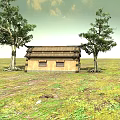 Traditional Ancient Building With Sloped Wooden Roof And Trees In Green Grassland