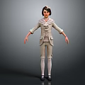 Woman Wearing Light Beige Suit With Bow Tie Standing In Neutral Gray Background