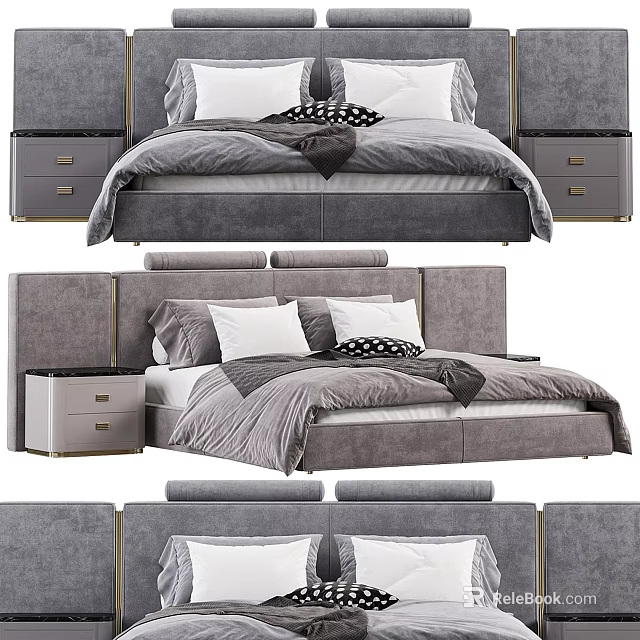 Modern Double Bed Interior Design With Gray Upholstered Headboard Nightstands And Drawers 3d model