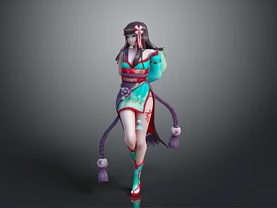 Game Anime Character In Traditional Kimono With Blue Red Outfit And Ornate Hair Accessories 3d model