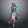 Game Anime Character In Traditional Kimono With Blue Red Outfit And Ornate Hair Accessories
