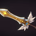 Ornate Golden Sword With Blue Gem White Feathers And Brown Hilt Design