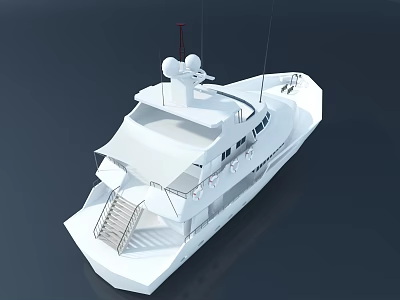 Wooden Boat Design With White Exterior Staircase Upper Deck And Antennas Structure 3d model