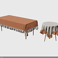 Long Rectangular And Round Small Dining Tables With Orange And White Ruffled Fabric Tablecloths 3d model