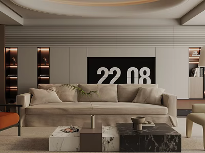Modern Living Room With Beige Sofa Marble Coffee Tables Digital Clock Bookshelves And Orange Chair 3d model