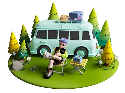 Check-in Scene With Green Van Pine Trees Folding Chair Small Table And Radio 3d model