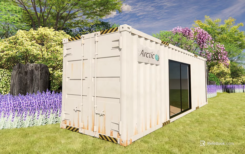 Arctic White Container Building with Glass Door Surrounded by Green Grass Trees and Purple Flowers 3d model 