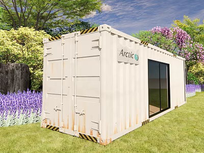 Arctic White Container Building with Glass Door Surrounded by Green Grass Trees and Purple Flowers 3d model