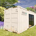 Arctic White Container Building with Glass Door Surrounded by Green Grass Trees and Purple Flowers