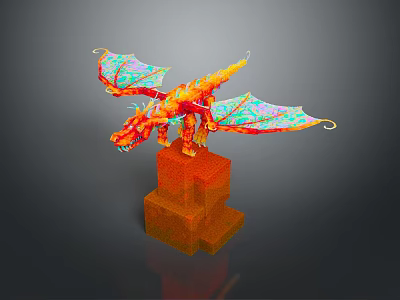 Detailed Orange Dragon Sculpture with Colorful Wings Standing on Orange Pedestal 3d model