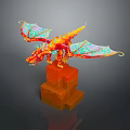 Detailed Orange Dragon Sculpture with Colorful Wings Standing on Orange Pedestal