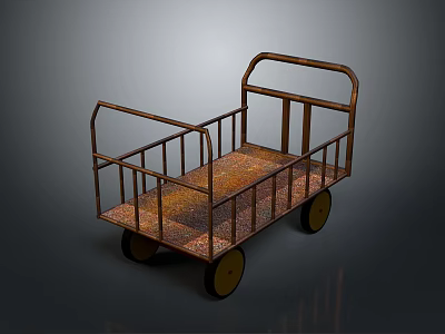 Vintage Rusty Metal Cart With Metal Railings Rounded Wheels And Rusted Flatbed 3d model