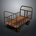 Vintage Rusty Metal Cart With Metal Railings Rounded Wheels And Rusted Flatbed