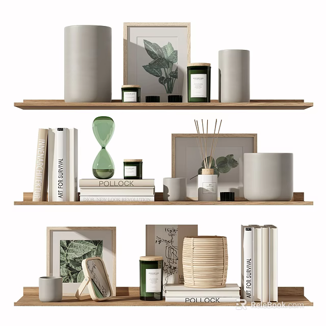 Minimalist Modern Decorative Ornament Collection with Vases Hourglass Books Frames Candles on Tiered Shelves 3d model 