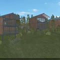 Modern Detached Villa With Wooden Exterior Large Windows Balconies Lush Green Lawn And Blue Sky