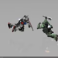 White Red Mecha With Shield Battling Green Robot Warrior With Mechanical Arm And Jet Boosters