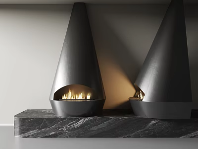 Two Modern Conical Black Metal Fireplaces On Marble Base With Burning Flames 3d model