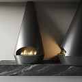 Two Modern Conical Black Metal Fireplaces On Marble Base With Burning Flames