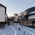 Modern Commercial Street With Circular Glass Building Green Trees And Pedestrian Area