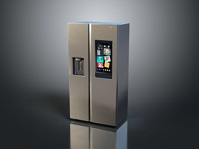 Sleek Silver Double Door Refrigerator Featuring Digital Computer Display Panel 3d model