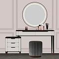 Elegant White Dressing Table With Round Gold Mirror Chest Of Drawers And Upholstered Stool
