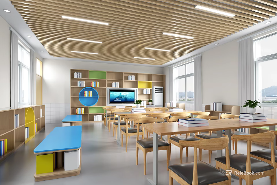School Classroom Interior With Wooden Ceiling Desks Chairs And Bookshelves 3d model 