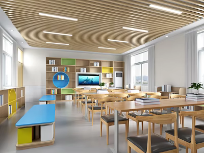 School Classroom Interior With Wooden Ceiling Desks Chairs And Bookshelves 3d model