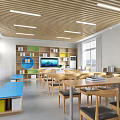 School Classroom Interior With Wooden Ceiling Desks Chairs And Bookshelves