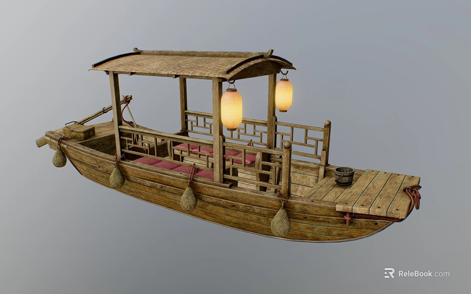 Traditional Wooden Boat With Bamboo Roof Hanging Lanterns And Red Cushioned Seats 3d model 