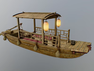 Traditional Wooden Boat With Bamboo Roof Hanging Lanterns And Red Cushioned Seats 3d model