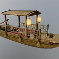Traditional Wooden Boat With Bamboo Roof Hanging Lanterns And Red Cushioned Seats