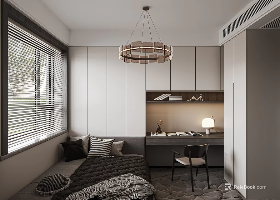 Modern Tatami Bedroom Interior Design With Window Blinds Chandelier Desk Chair And Cabinets 3d model 