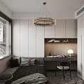 Modern Tatami Bedroom Interior Design With Window Blinds Chandelier Desk Chair And Cabinets