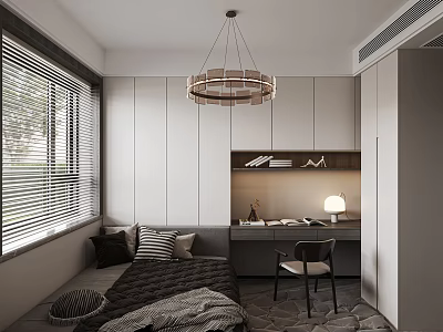 Modern Tatami Bedroom Interior Design With Window Blinds Chandelier Desk Chair And Cabinets 3d model