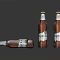 Four Brown Beer Bottles With Labels One Lying On Dark Reflective Surface 3d model