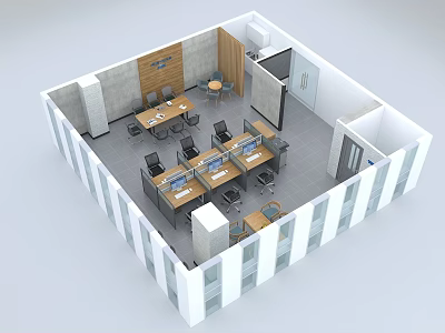 Modern Public Office Space With Open Layout Desks And Meeting Table 3d model